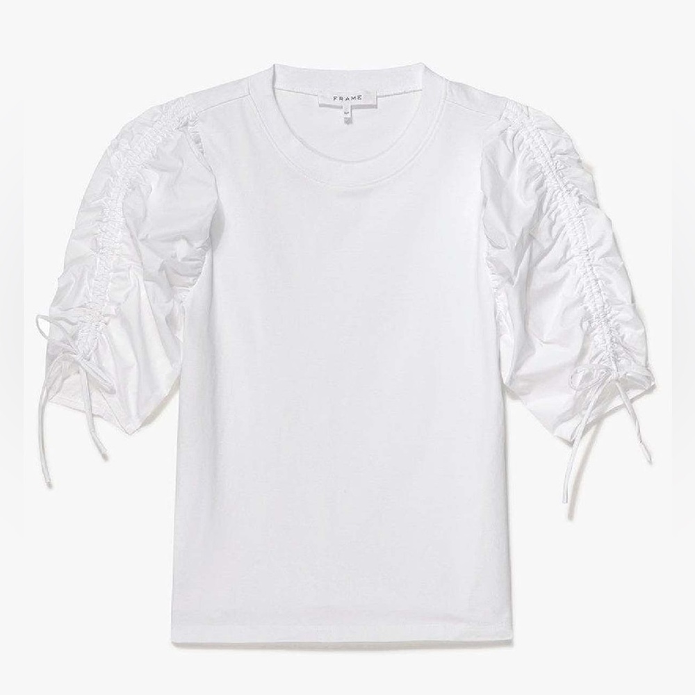 FRAME💕Ruched Tie Sleeve Tee in Blanc Size L - Picture 2 of 15
